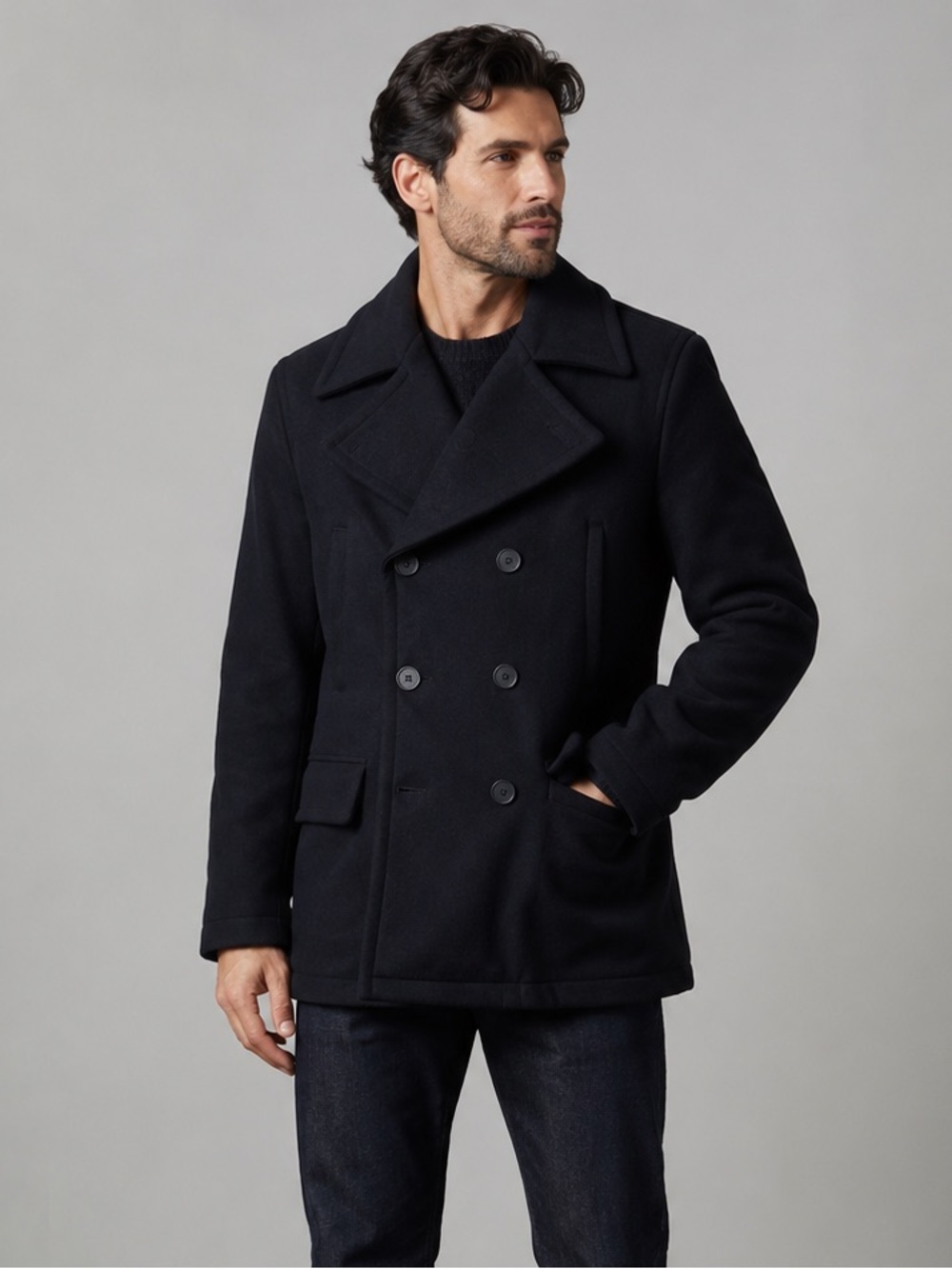Men's Shop Nordstrom Trim Fit Double Breasted Peacoat, Size Medium Blue Black